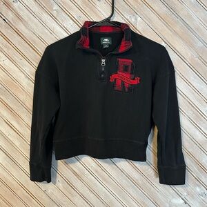 Roots Black Crop Style Pullover Sweater Red Plaid Trim Patch Logo